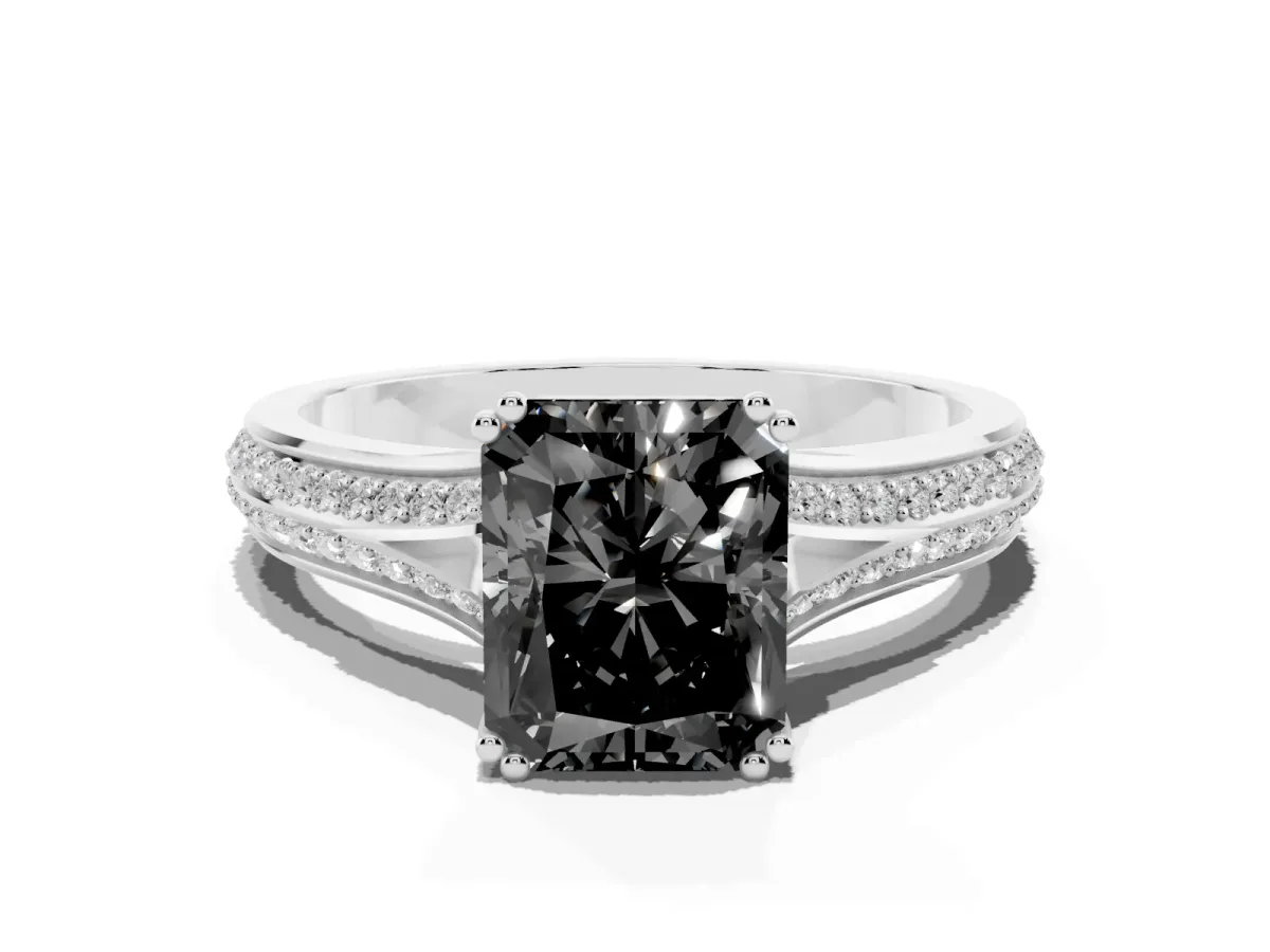 Fancy Black Radiant Cut Diamond Split Shank Engagement Ring with Pavé Band Silver