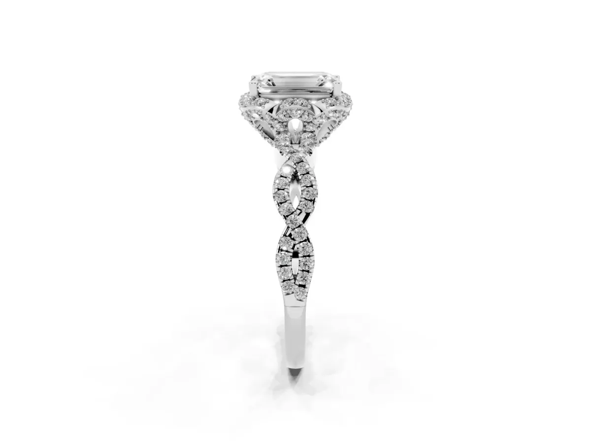 Emerald Cut Halo Twist Band Solitaire Ring with Six-Prong Setting Silver