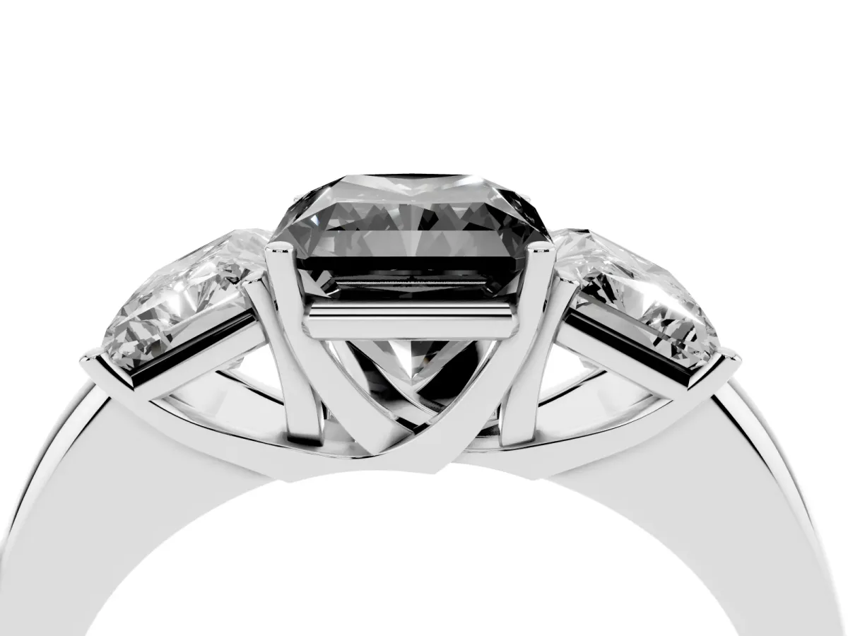 Fancy Black Radiant Cut Diamond Three-Stone Ring with Four-Prong Setting and Classic Band Silver