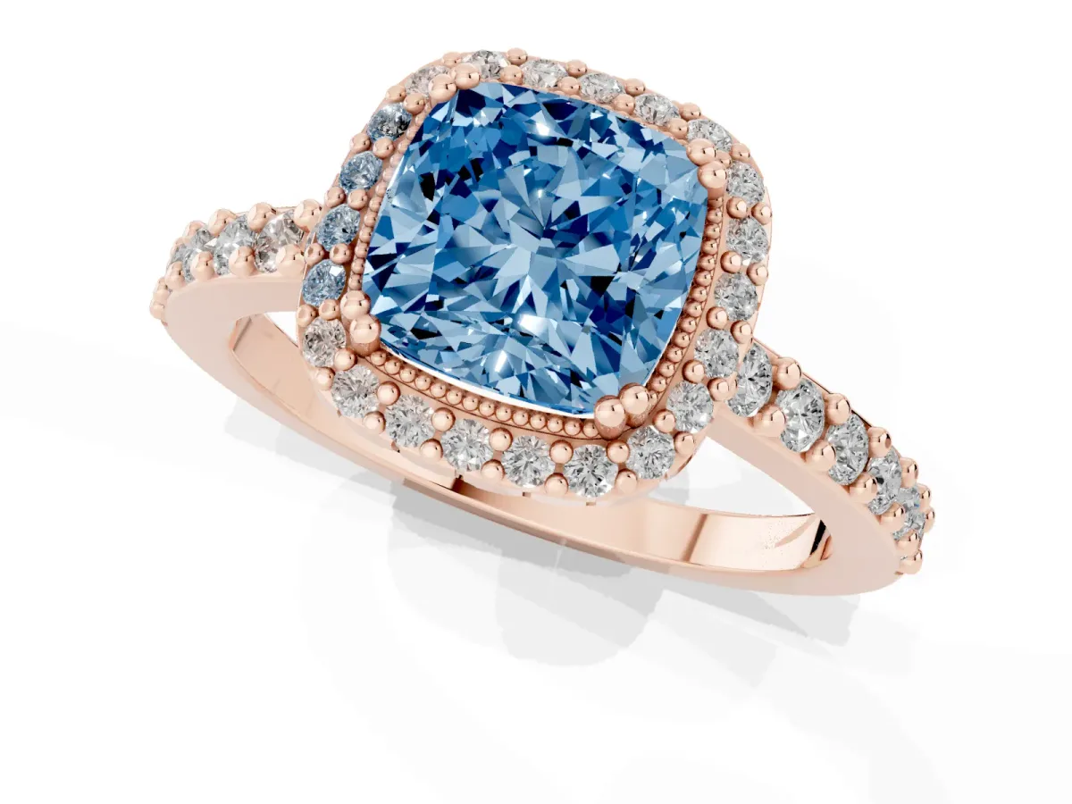 Fancy Blue Cushion Cut Cut Diamond Halo Engagement Ring with Milgrain Detail and Pavé Band Rose gold