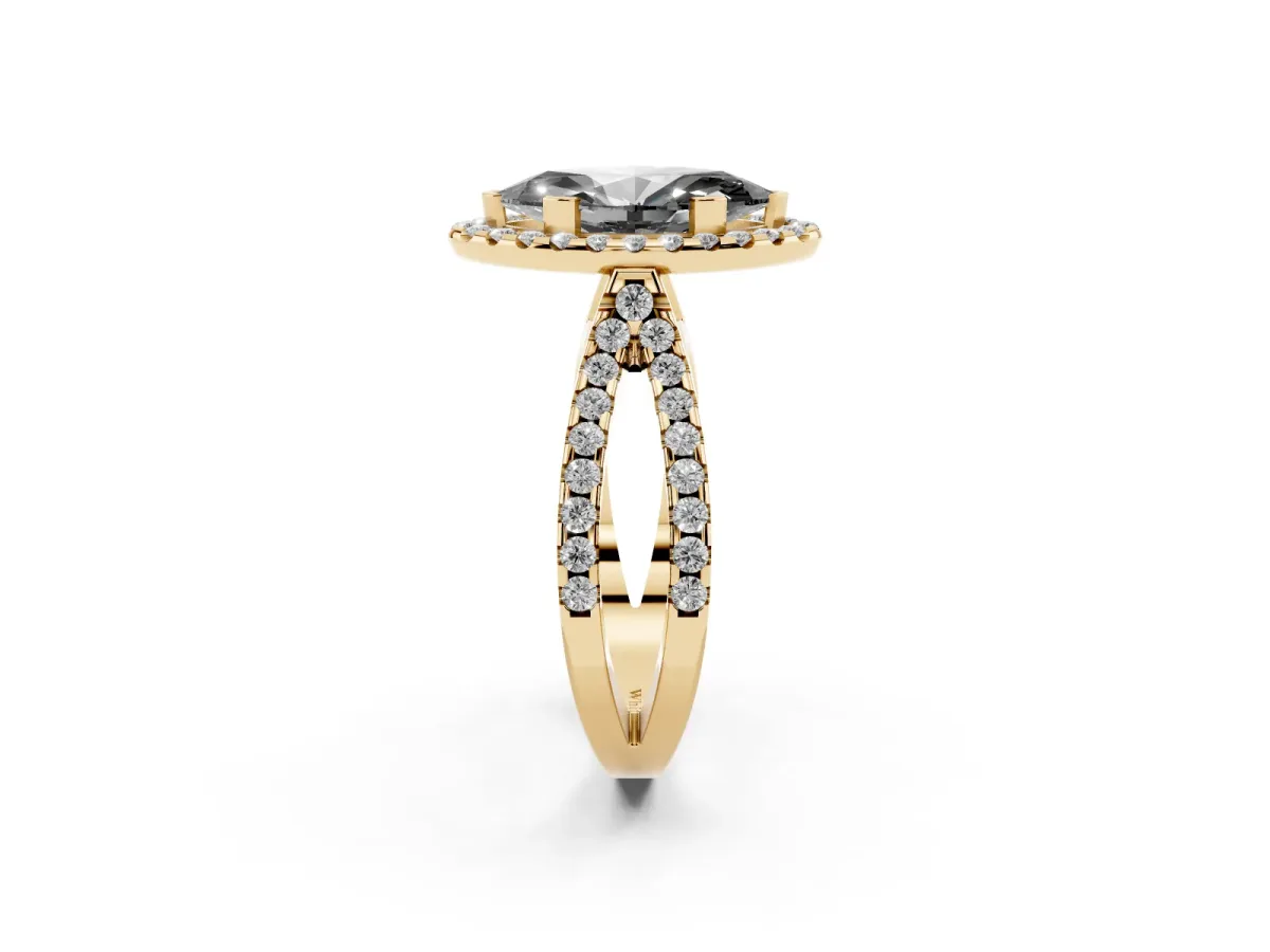 Fancy Black Marquise Cut Diamond Halo Ring with Split Shank Pavé Band and Prong Setting Yellow gold