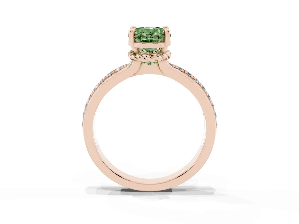 Fancy Green Oval Cut Solitaire Diamond Ring with Channel Set Band and Six-Prong Setting Rose gold