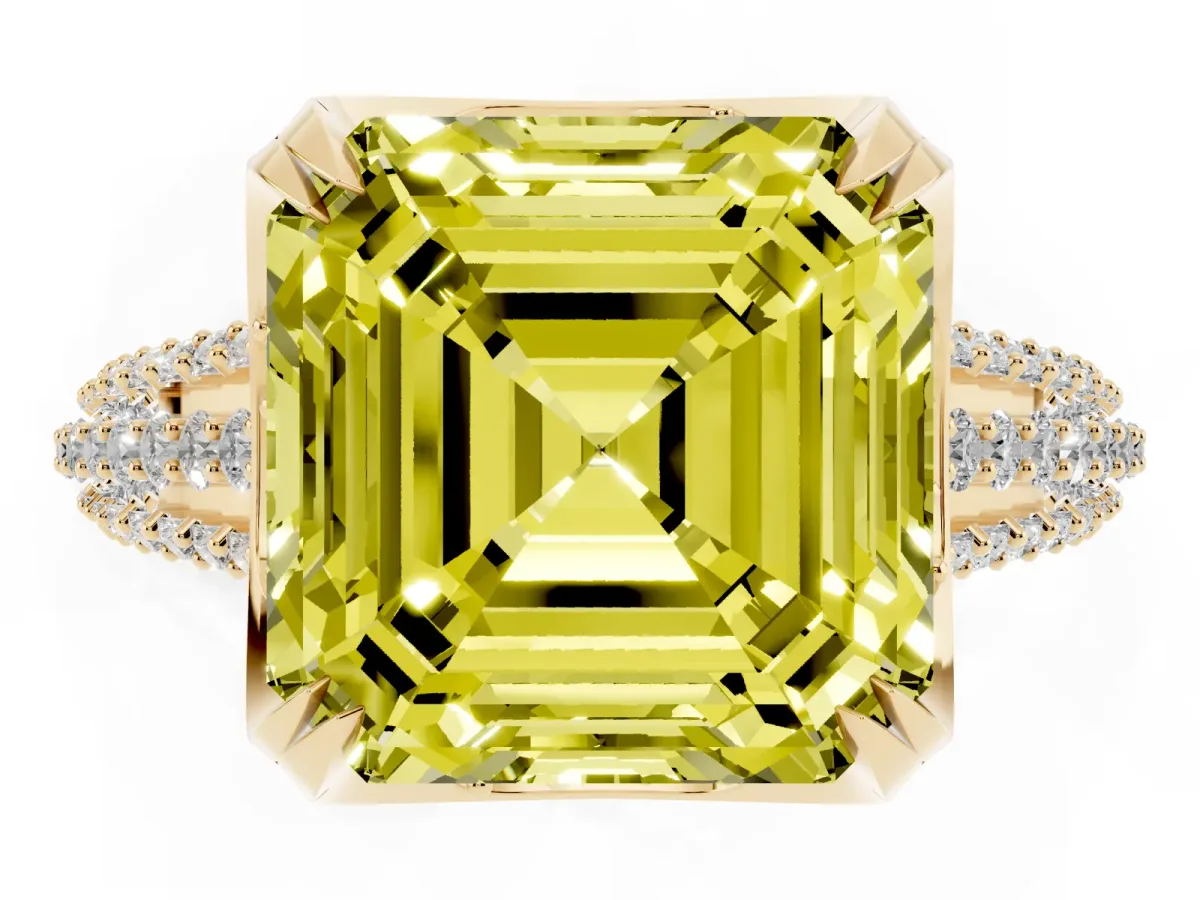 Fancy Yellow Asscher Cut Solitaire Pave Split Shank Ring with Four-Prong Setting Yellow gold