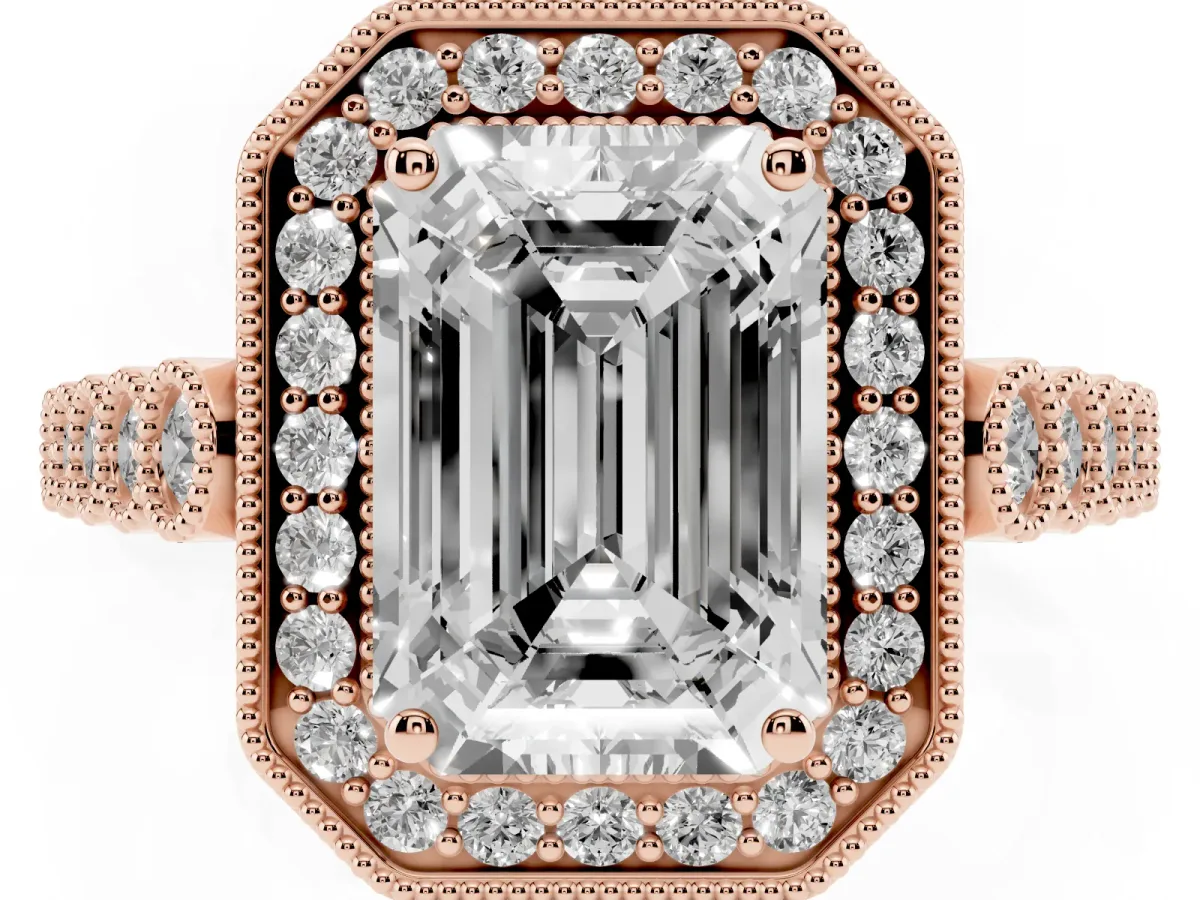 Emerald Cut Halo Milgrain Solitaire with Bezel Set Side Stones and Pave Band Rose gold