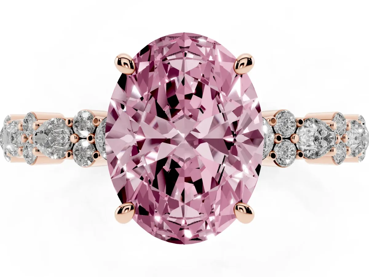 Fancy Pink Oval Cut Diamond Side Stone Solitaire Ring with Round and Four-Prong Setting Rose gold