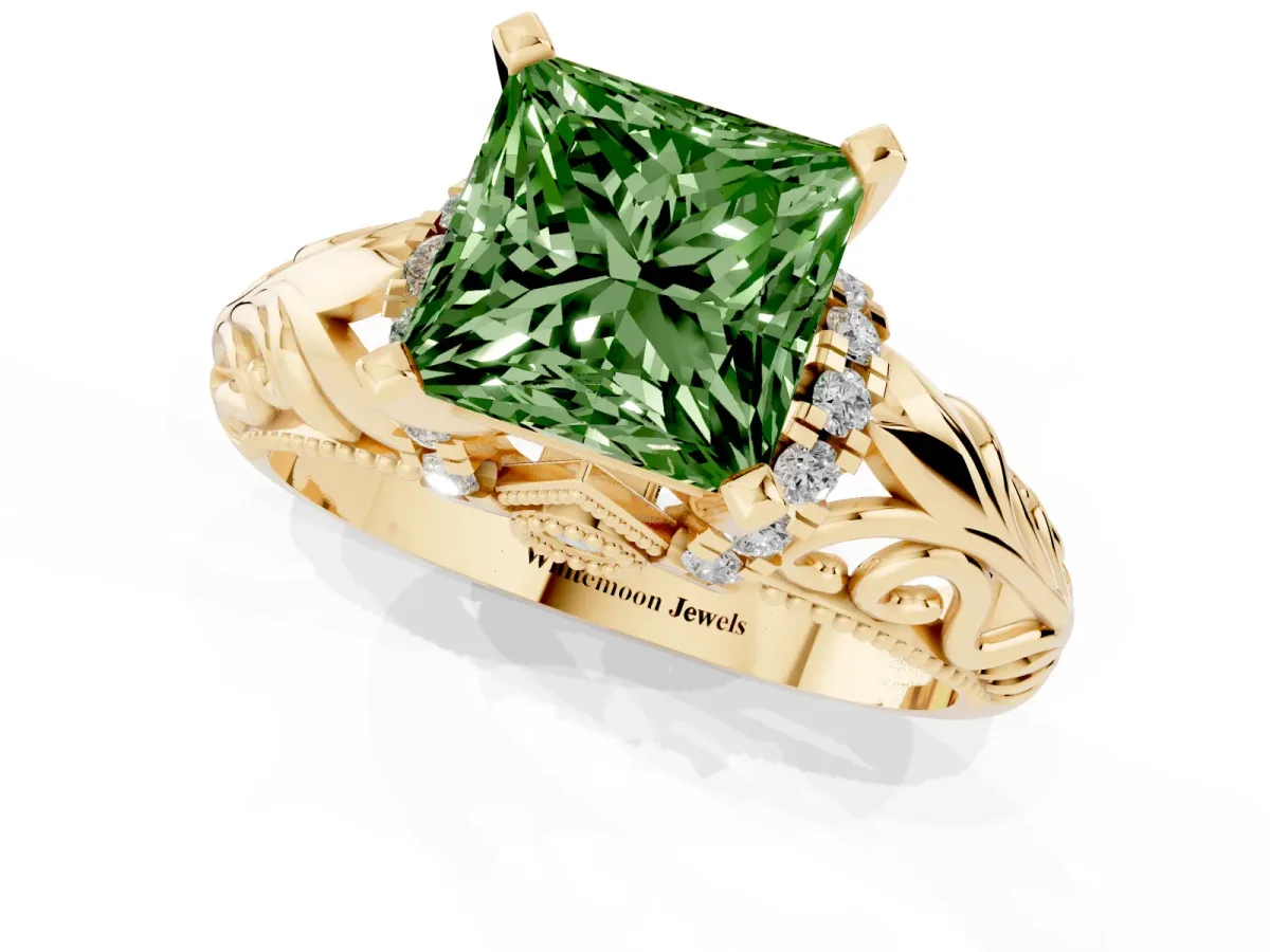 Fancy Green Princess Cut Solitaire Filigree Engagement Ring with Halo and Prong Setting Yellow gold