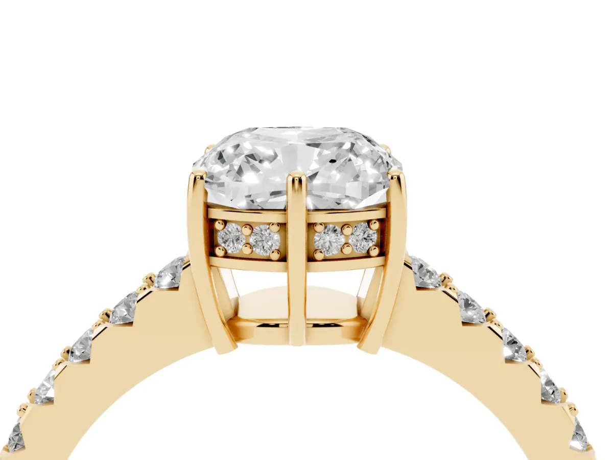 Cushion Cut Solitaire Diamond Engagement Ring with Pavé Band and Six-Prong Setting Yellow gold