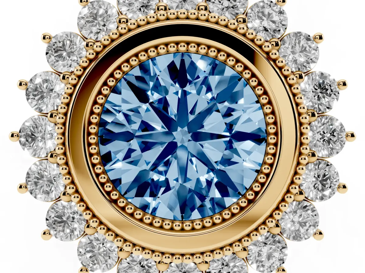 Fancy Blue Round Cut Halo Diamond Ring with Milgrain Edge and Round Prong Setting Yellow gold