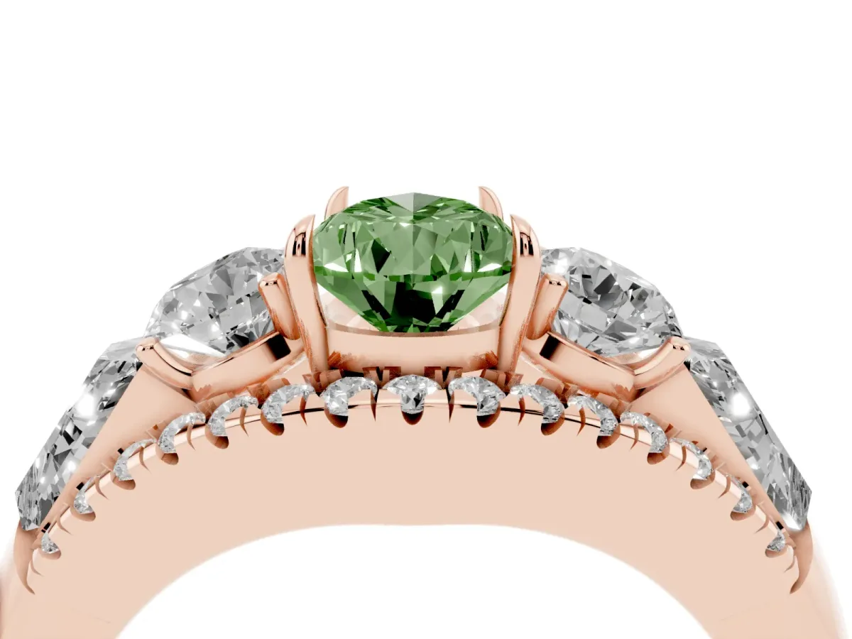 Fancy Green Three-Stone Pear Cut Diamond Engagement Ring with Pave Band and Prong Setting Rose gold