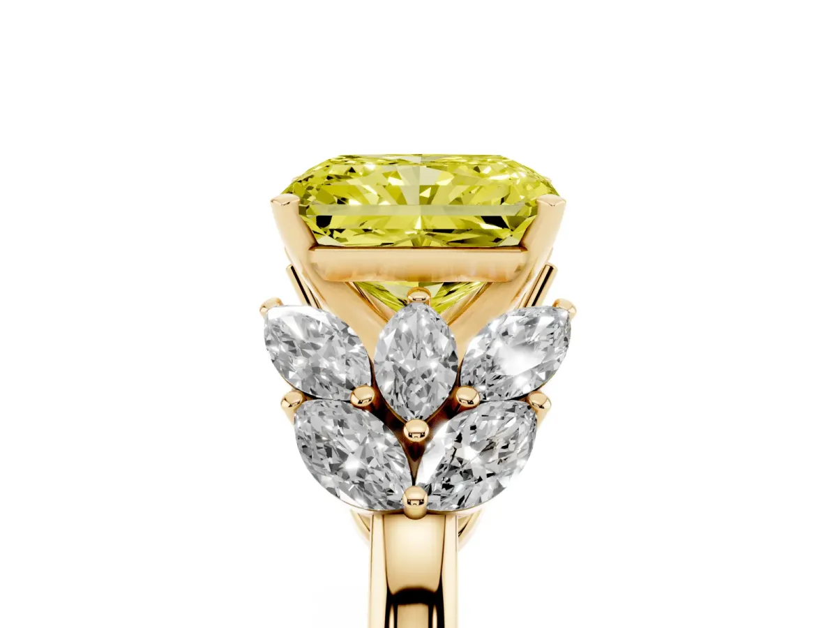 Fancy Yellow Radiant Cut Diamond Cluster Leaf Design Ring with Prong Setting Yellow gold