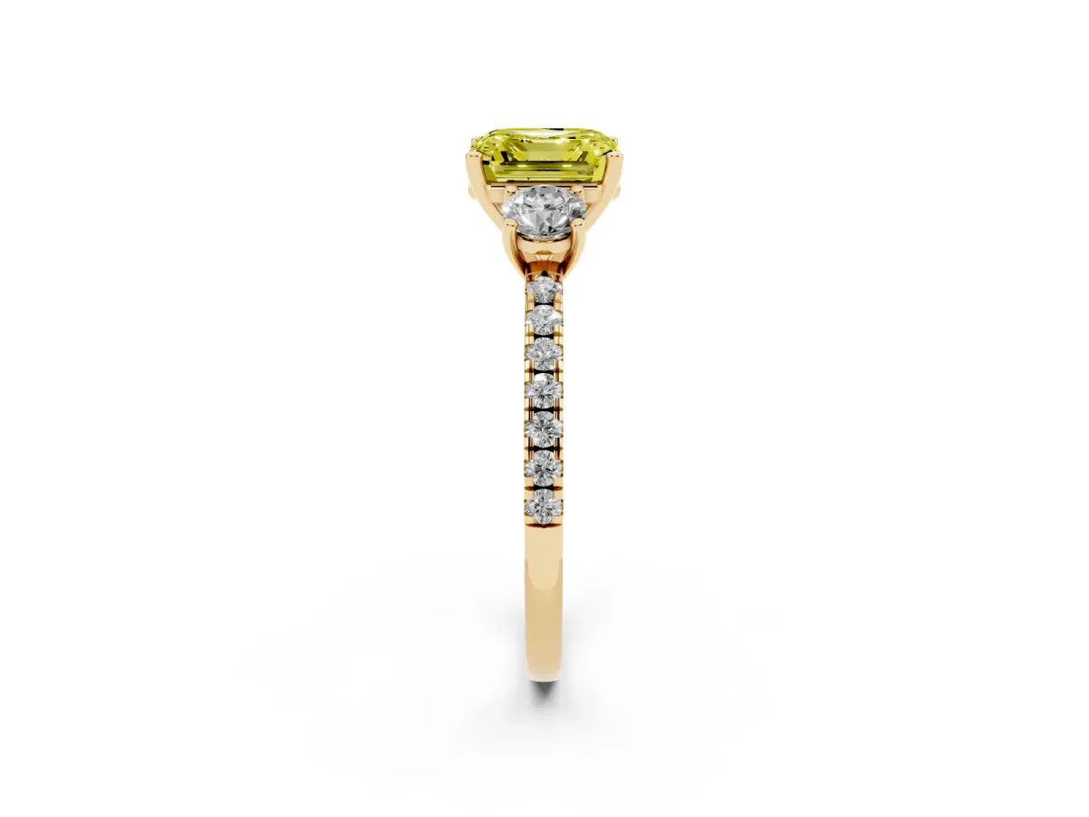 Fancy Yellow Three-Stone Asscher Cut Cut Diamond Pavé Band with Prong Setting Yellow gold