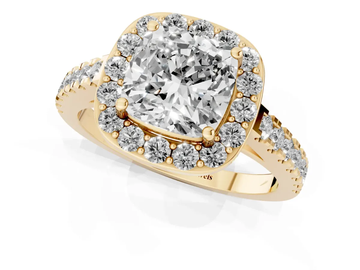 Cushion Cut Diamond Halo Ring with Round Pavé Split Shank and Prong Setting Yellow gold