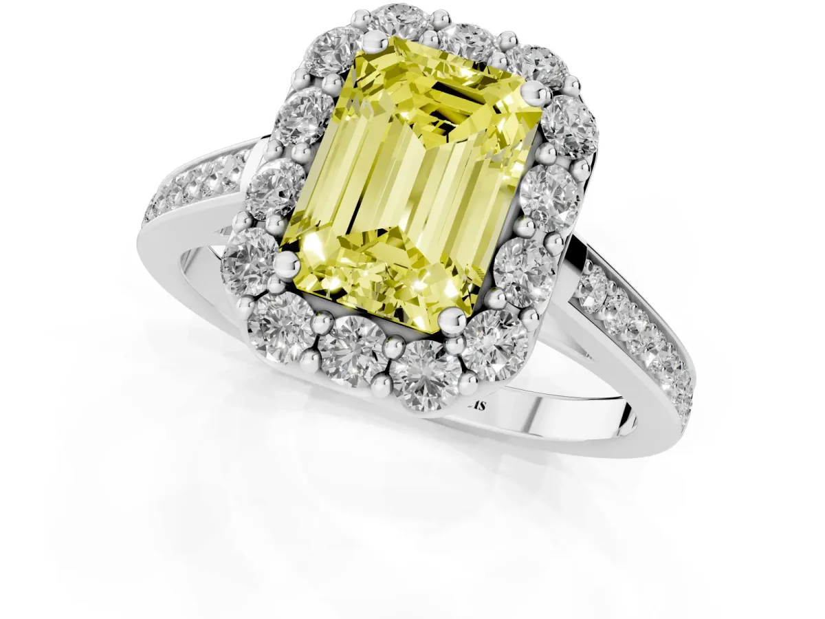 Fancy Yellow Emerald Cut Diamond Floral Halo Ring with Pavé Band and Prong Setting Silver