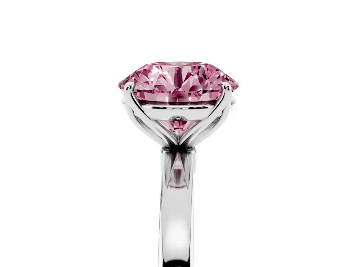 Fancy Pink Round Cut Diamond Solitaire Ring with Thin Band and Prong Setting Platinum