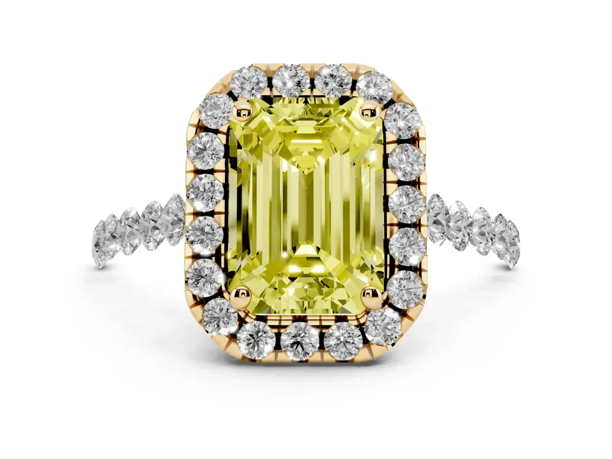 Fancy Yellow Emerald Cut Halo Pavé Diamond Engagement Ring with Four-Prong Setting Yellow gold