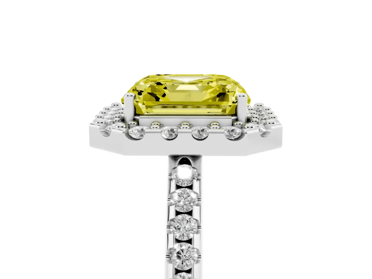 Fancy Yellow Asscher Cut Diamond Pavé Halo Ring with Four-Prong Setting Silver