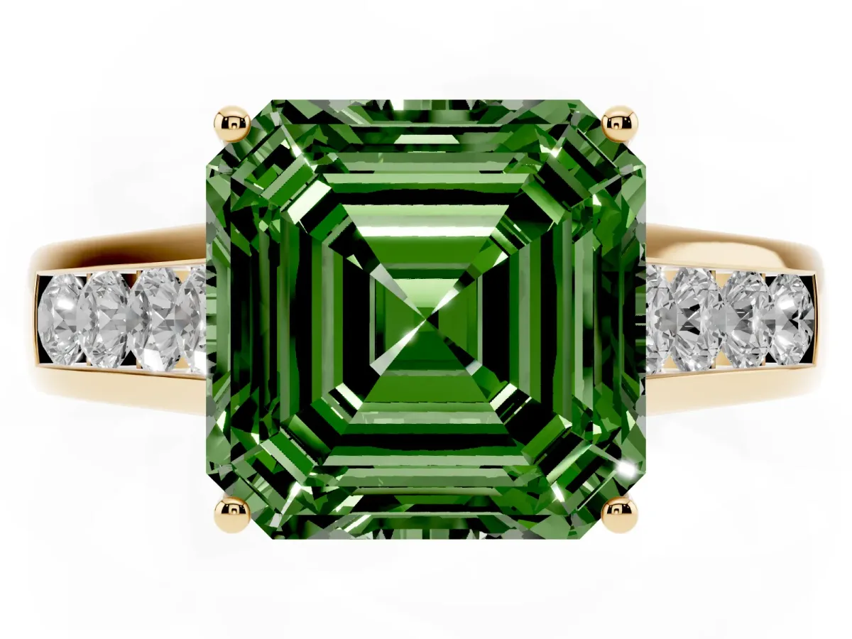 Fancy Green Asscher Cut Brilliant Channel-Set Solitaire Ring with Four-Prong Setting Yellow gold