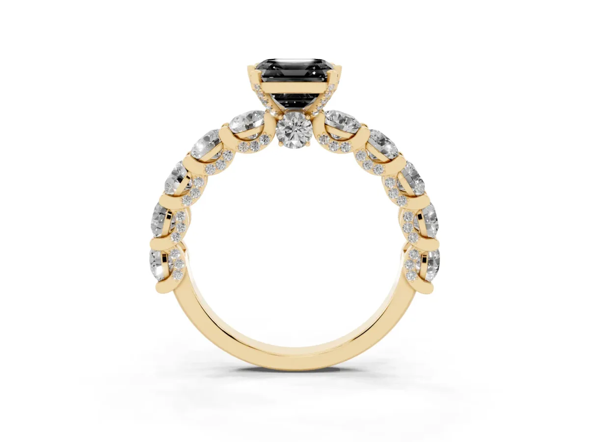 Fancy Black Asscher Cut Diamond Side Stone Engagement Ring with Four-Prong Setting Yellow gold