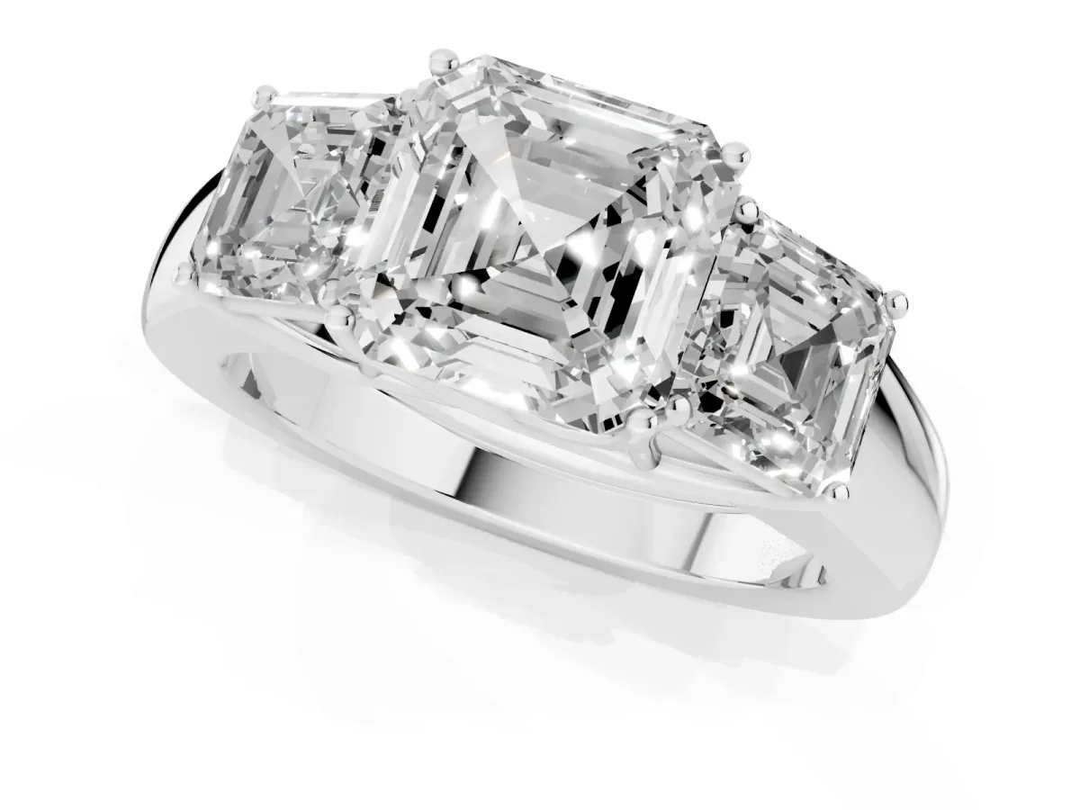 Three-Stone Asscher Cut Cut Diamond Ring with Prong Setting and Classic Band Silver