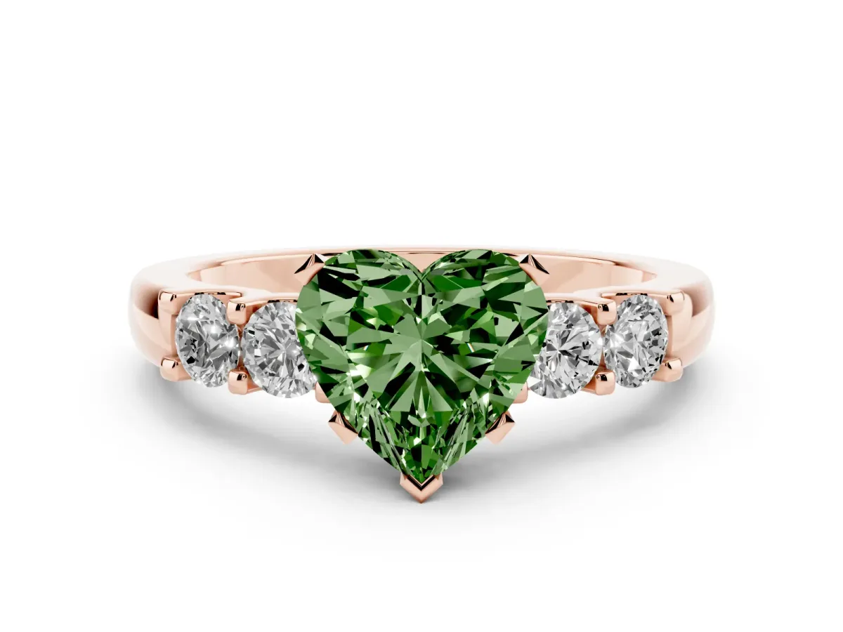 Fancy Green Heart Cut Brilliant Cut Diamond Five-Stone Prong Set Engagement Ring with Channel Band Rose gold