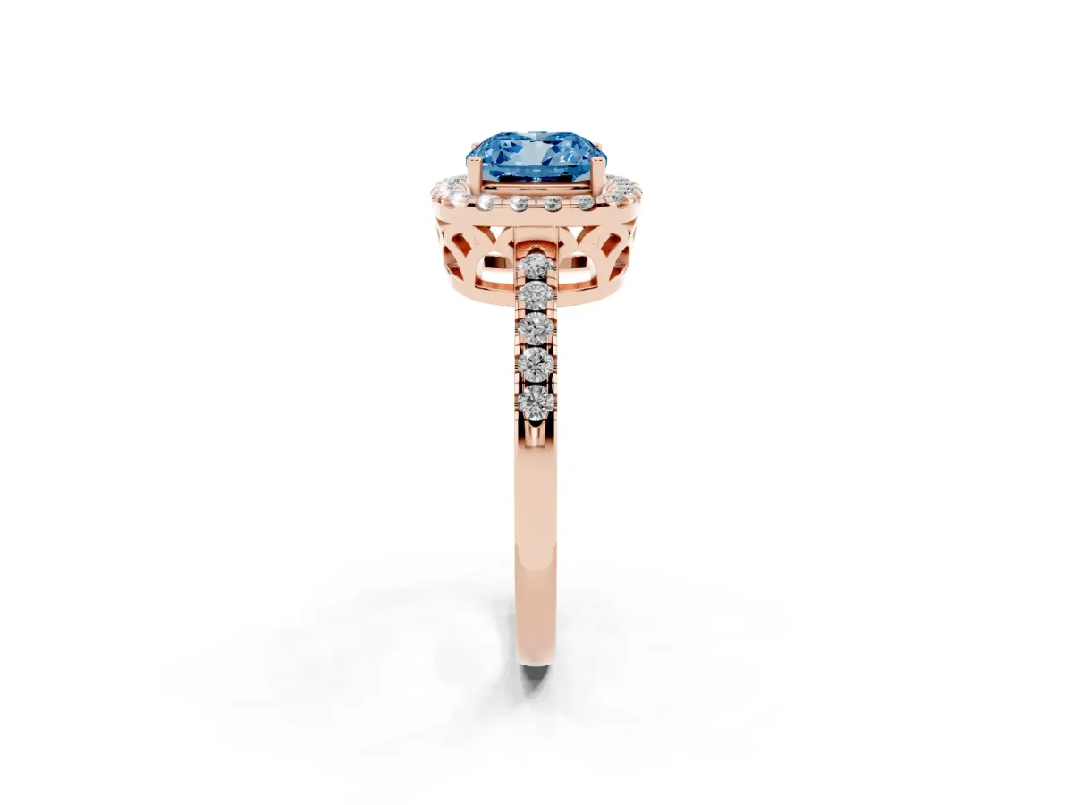 Fancy Blue Cushion Cut Halo Diamond Engagement Ring with Pavé Band and Four-Prong Setting Rose gold