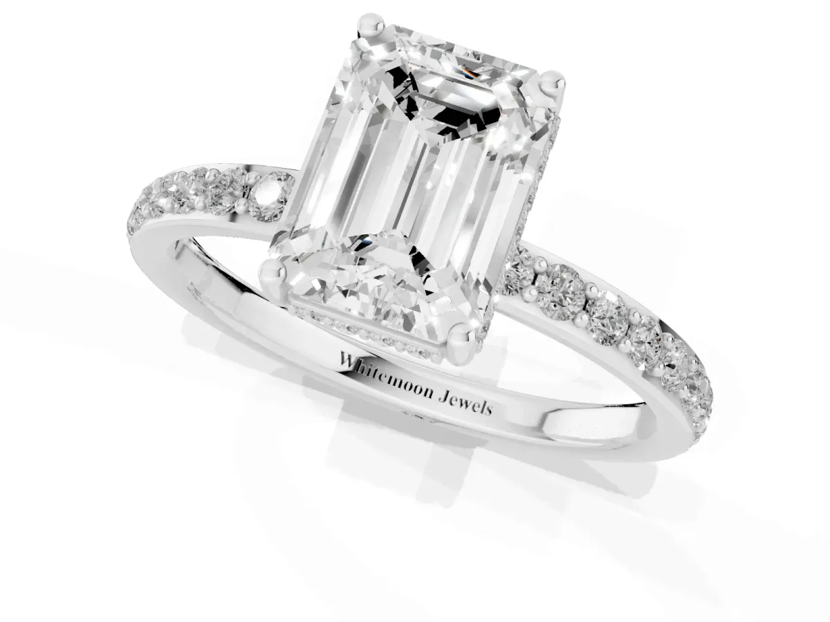 Emerald Cut Diamond Solitaire Ring with Pavé Band and Hidden Halo Silver