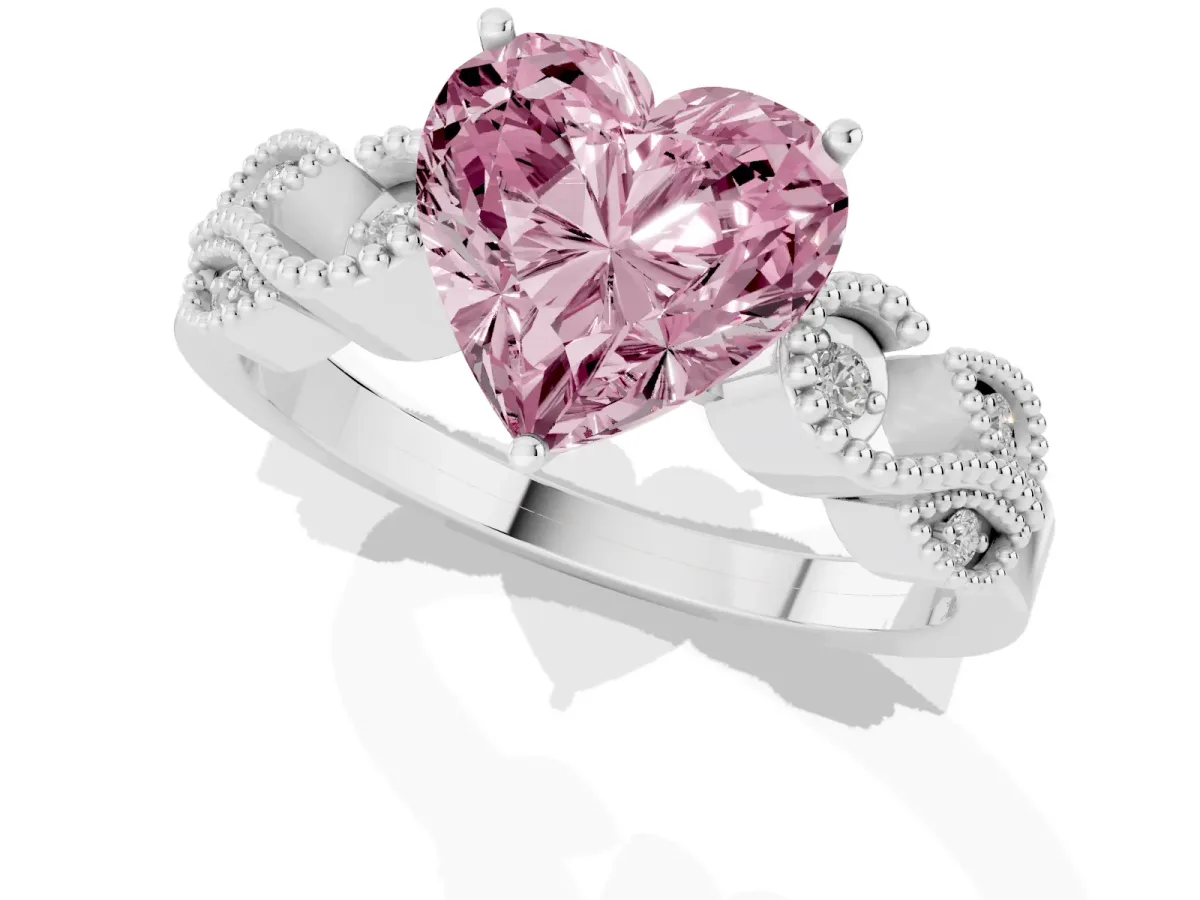 Fancy Pink Heart Cut Solitaire Milgrain Leaf Band with Prong Setting Silver