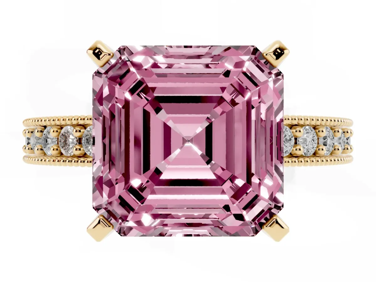 Fancy Pink Asscher Cut Diamond Milgrain Pavé Engagement Ring with Four-Prong Setting Yellow gold