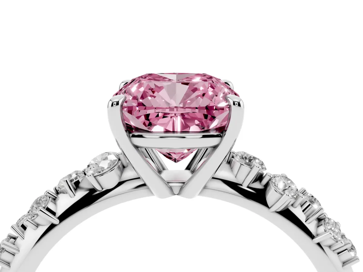 Fancy Pink Cushion Cut Diamond Cluster Side Stone Solitaire Ring with Prong Setting White gold