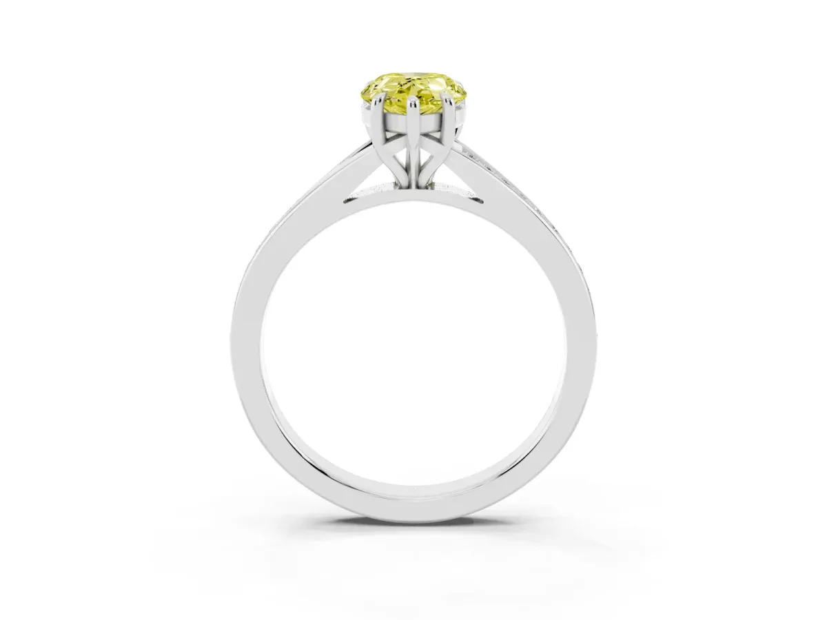 Fancy Yellow Pear Cut Diamond Solitaire Ring with Pavé Band and Prong Setting Silver