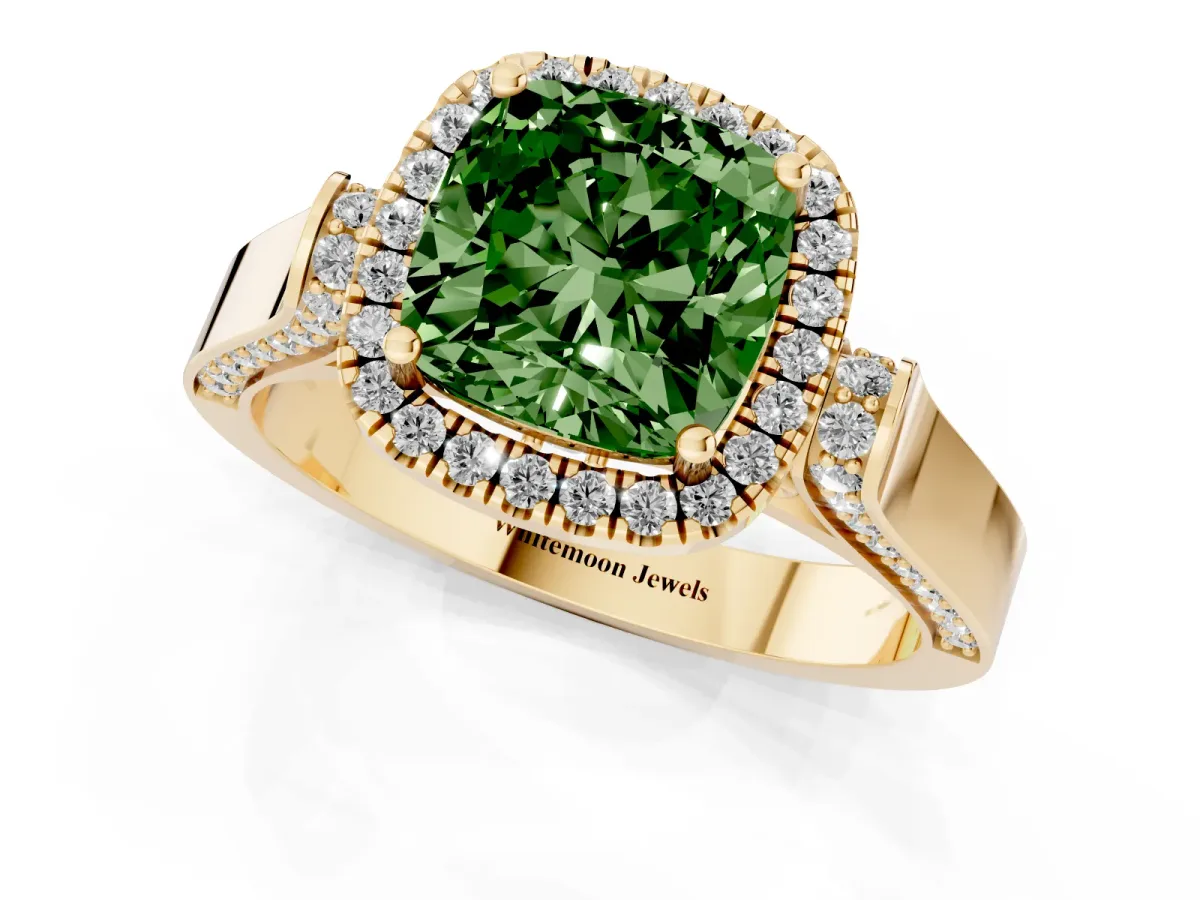 Fancy Green Cushion Cut Halo Pave Split Shank Prong Setting Ring Yellow gold