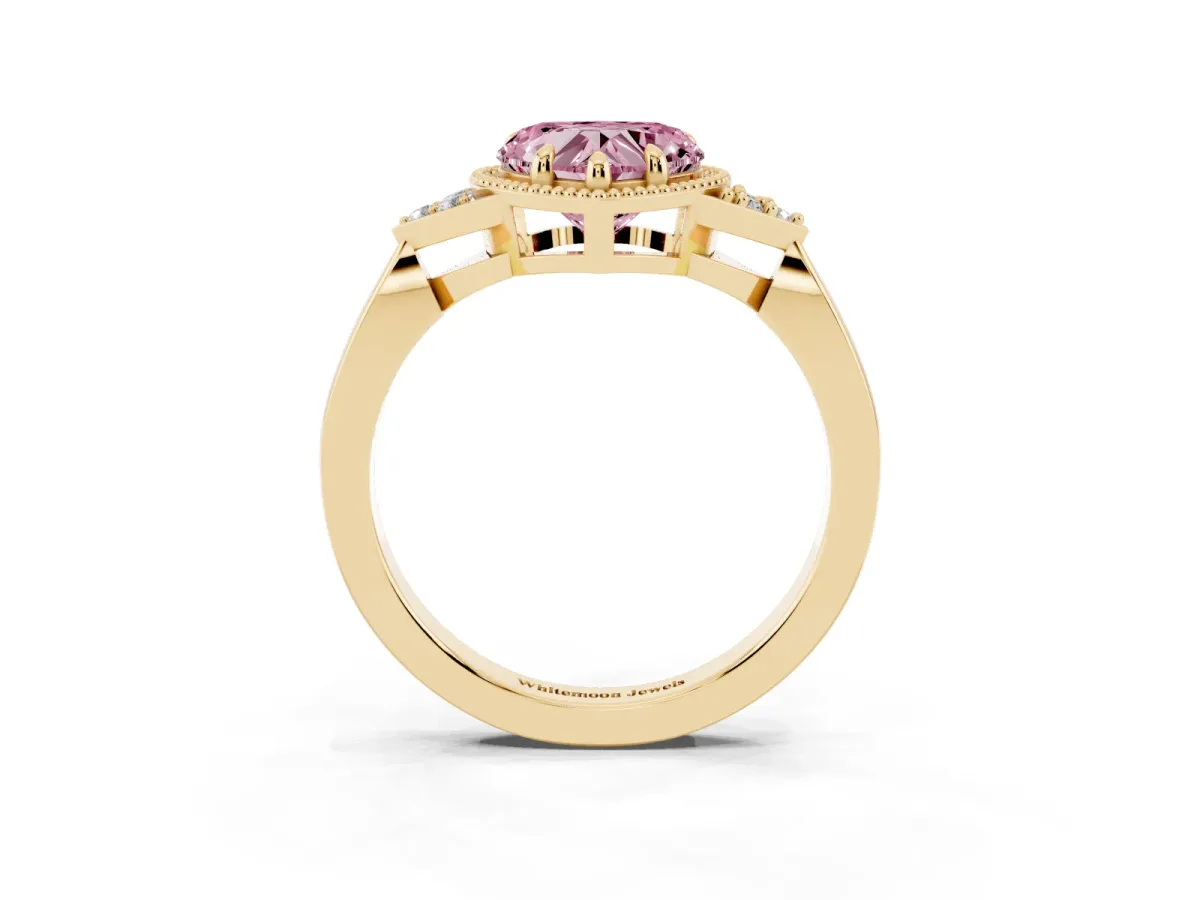 Fancy Pink Hexagonal Halo Heart Cut Diamond Solitaire with Pavé Band and Four-Prong Setting Yellow gold