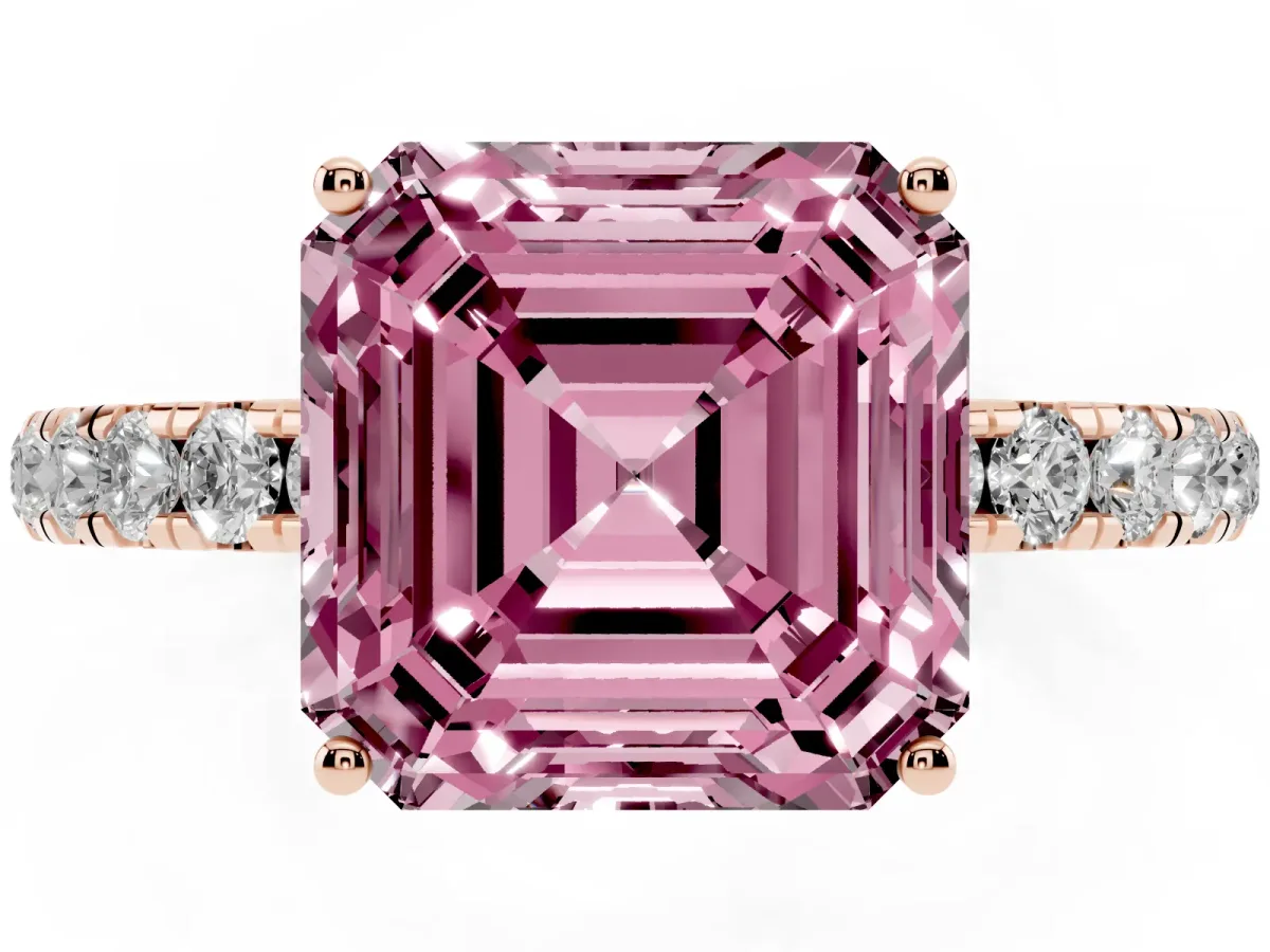 Fancy Pink Asscher Cut Diamond Pavé Solitaire Engagement Ring with Four-Prong Setting Rose gold