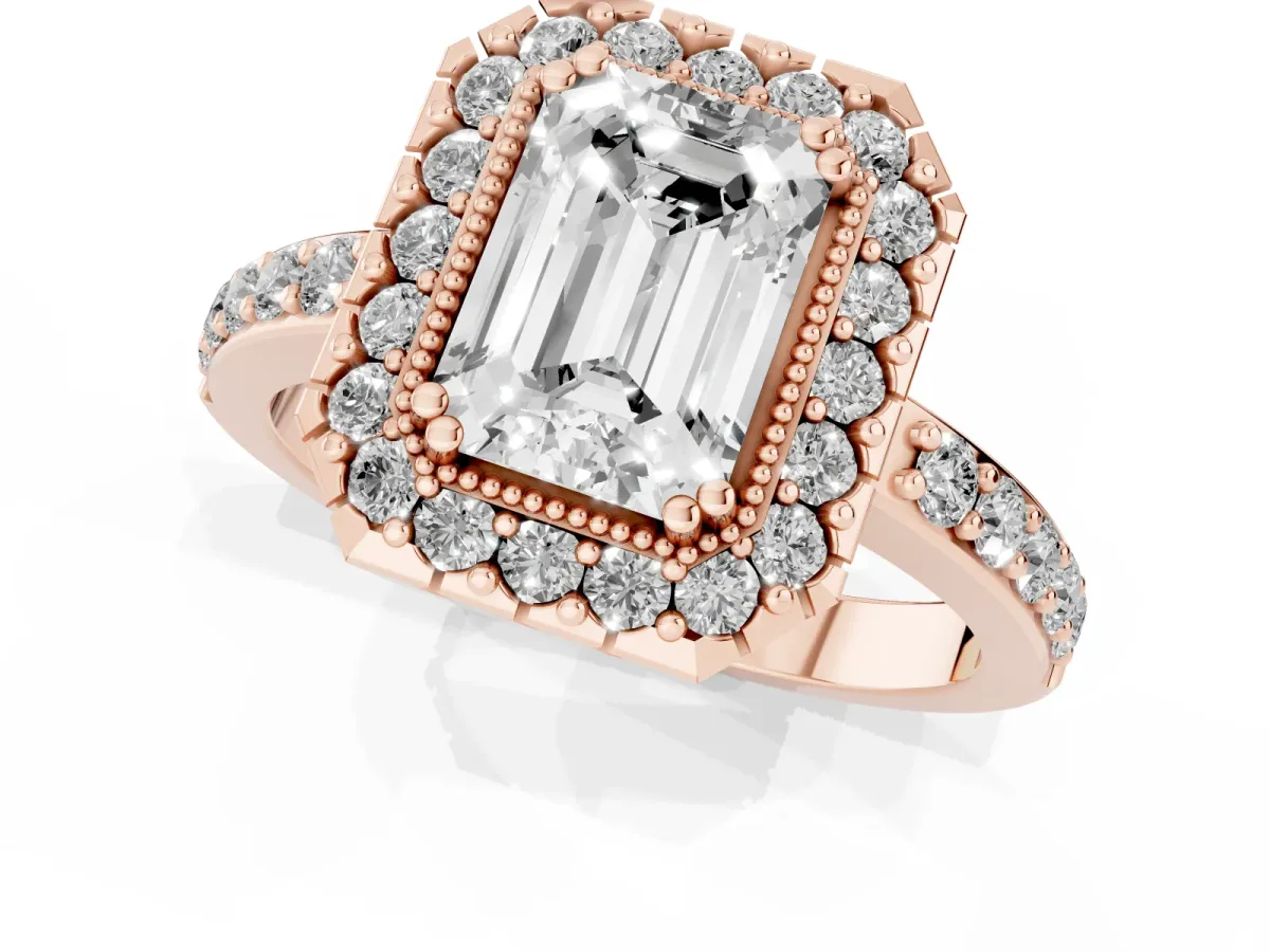 Emerald Cut Diamond Halo Ring with Pavé Band and Prong Setting Rose gold