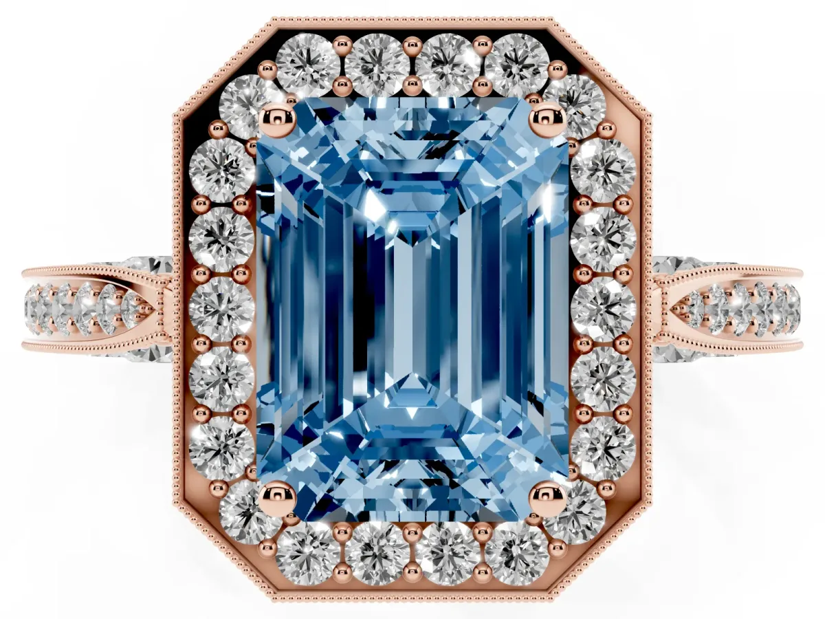 Fancy Blue Emerald Cut Halo Diamond Engagement Ring with Split Shank Band and Four-Prong Setting Rose gold