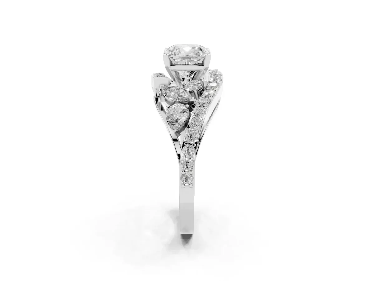 Cushion Cut Diamond Halo Ring with Marquise and Pavé Band in Prong Setting Silver