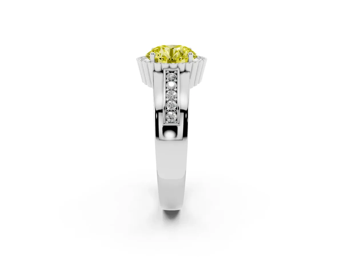 Fancy Yellow Round Cut Cut Halo Pave Band Four-Prong Ring Platinum