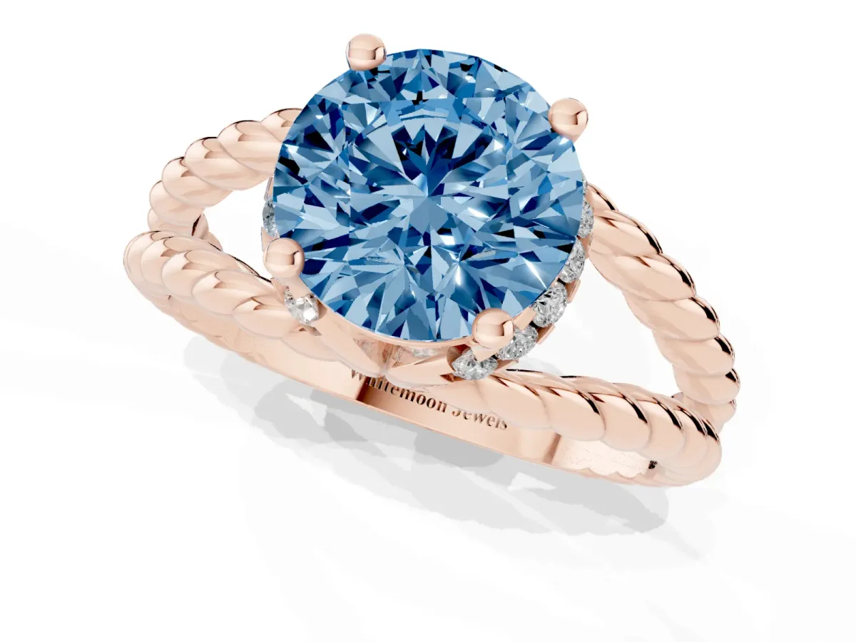 Fancy Blue Round Cut Halo Twisted Band Four-Prong Ring Rose gold