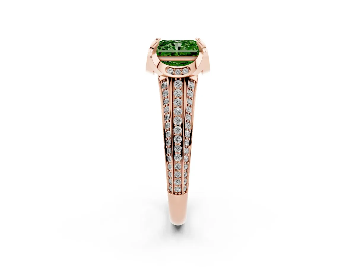 Fancy Green Radiant Cut Solitaire Pave Split Shank Ring with Four-Prong Setting Rose gold