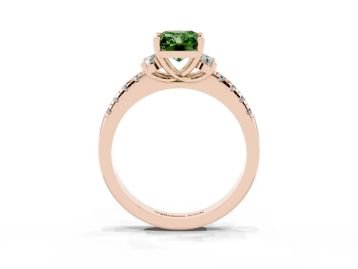 Fancy Green Radiant Cut Diamond Three-Stone Pave Band with Four-Prong Setting Rose gold
