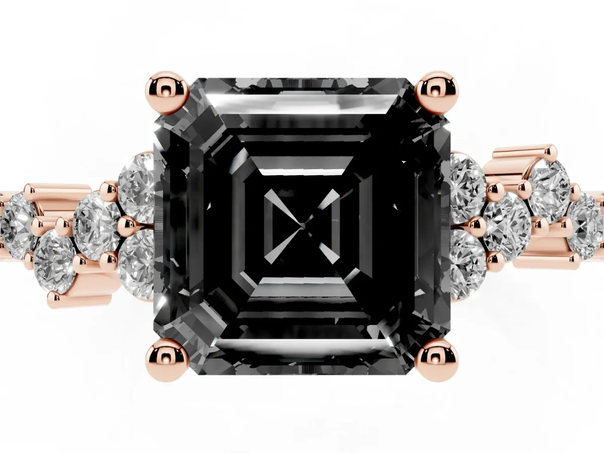 Fancy Black Asscher Cut Diamond Scattered Round Accent Ring with Prong Setting Rose gold