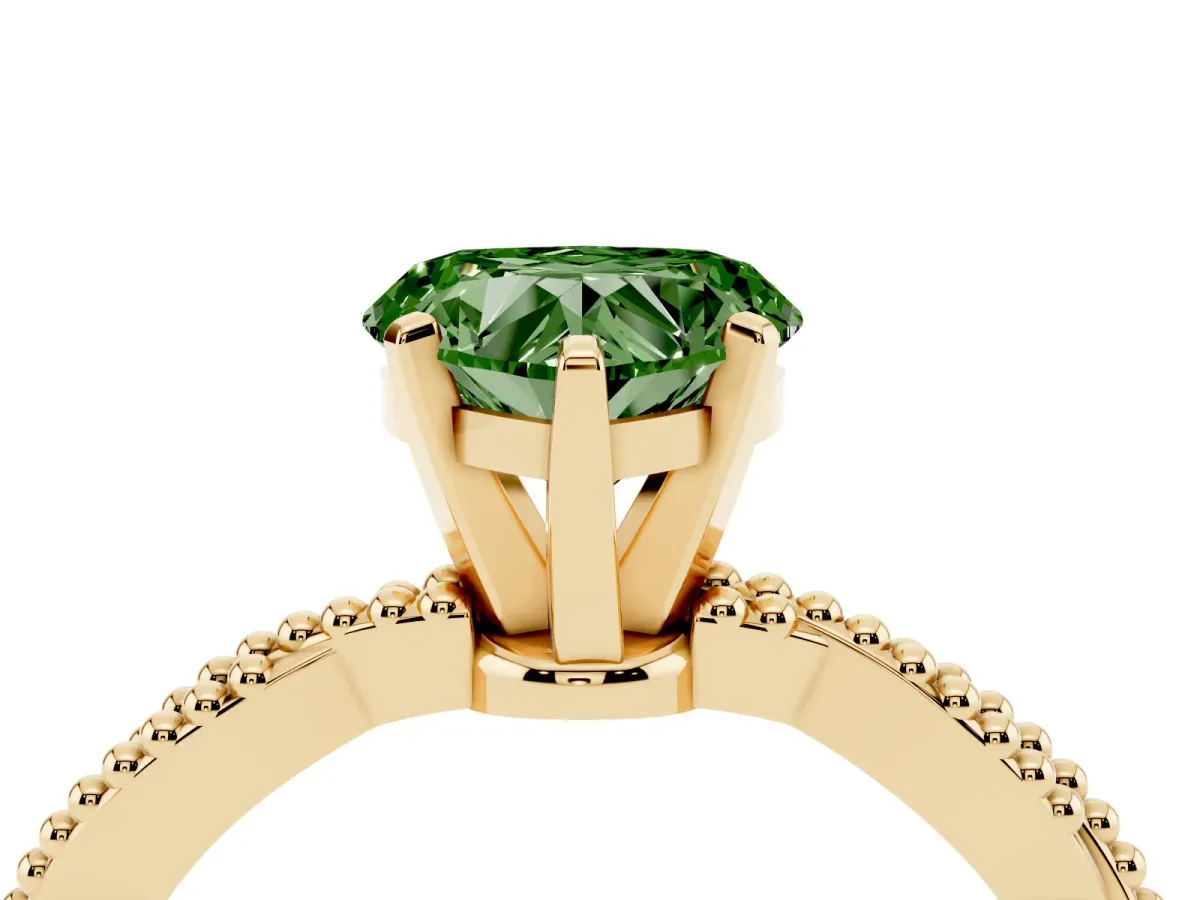 Fancy Green Heart Cut Solitaire Twisted Band with Bead Prong Setting Yellow gold