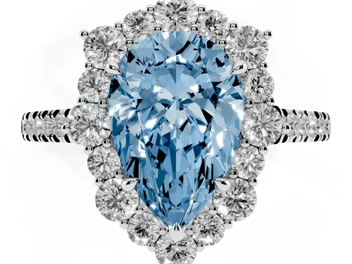 Fancy Blue Pear Cut Halo Diamond Ring with Pavé Band and Prong Setting Silver