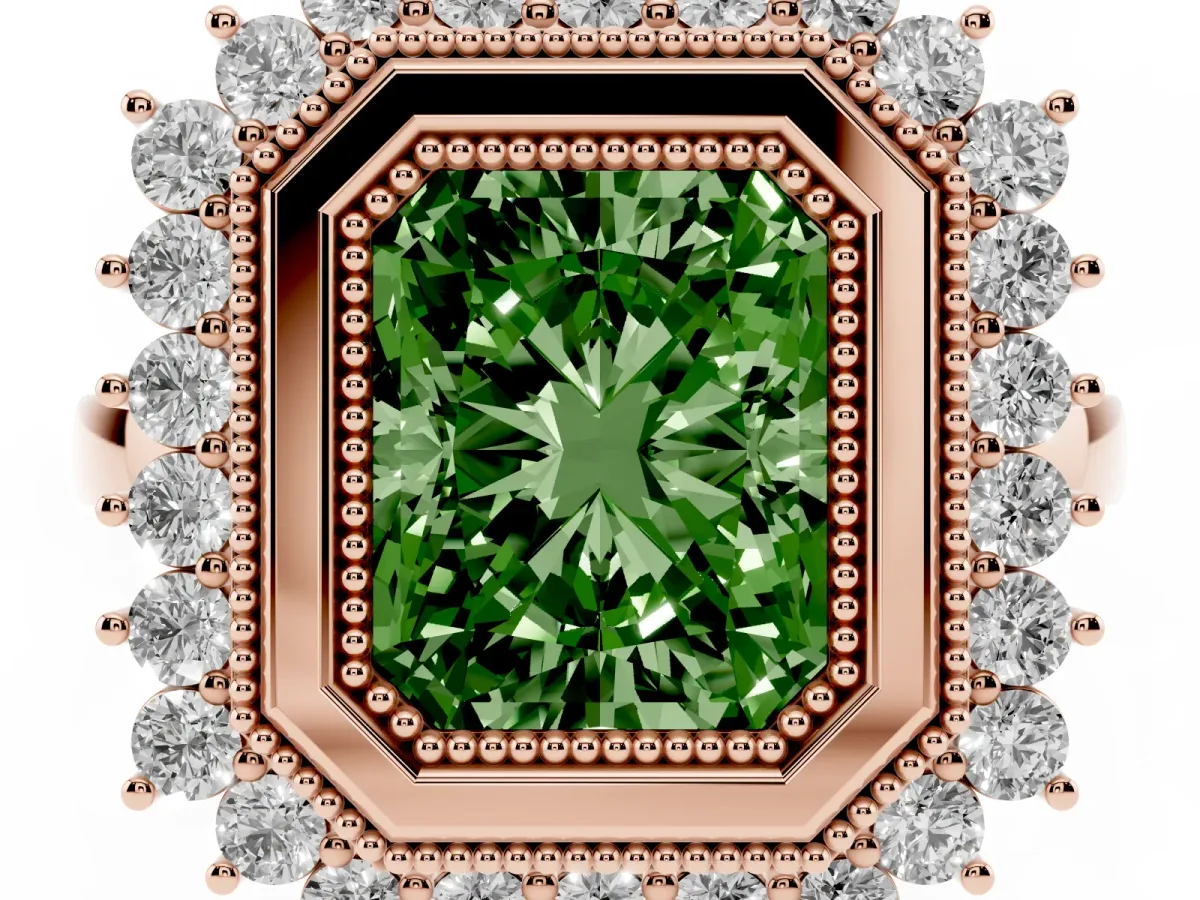 Fancy Green Radiant Cut Halo Diamond Ring with Milgrain Edge and Round Prong Setting Rose gold