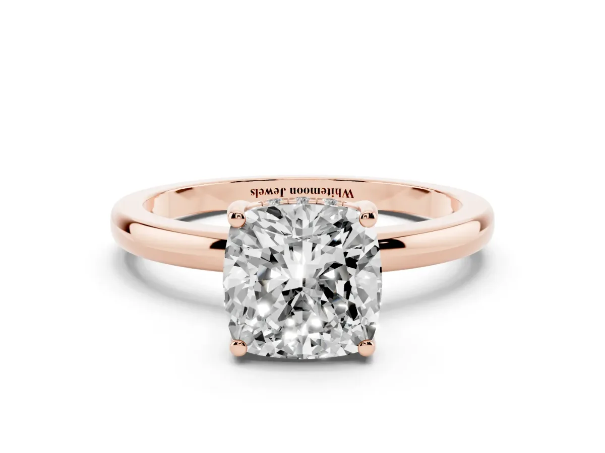 Cushion Cut Solitaire Diamond Ring with Prong Setting and Plain Band Rose gold