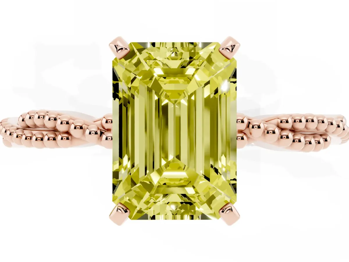 Fancy Yellow Emerald Cut Solitaire Twisted Band with Bead Prong Setting Rose gold
