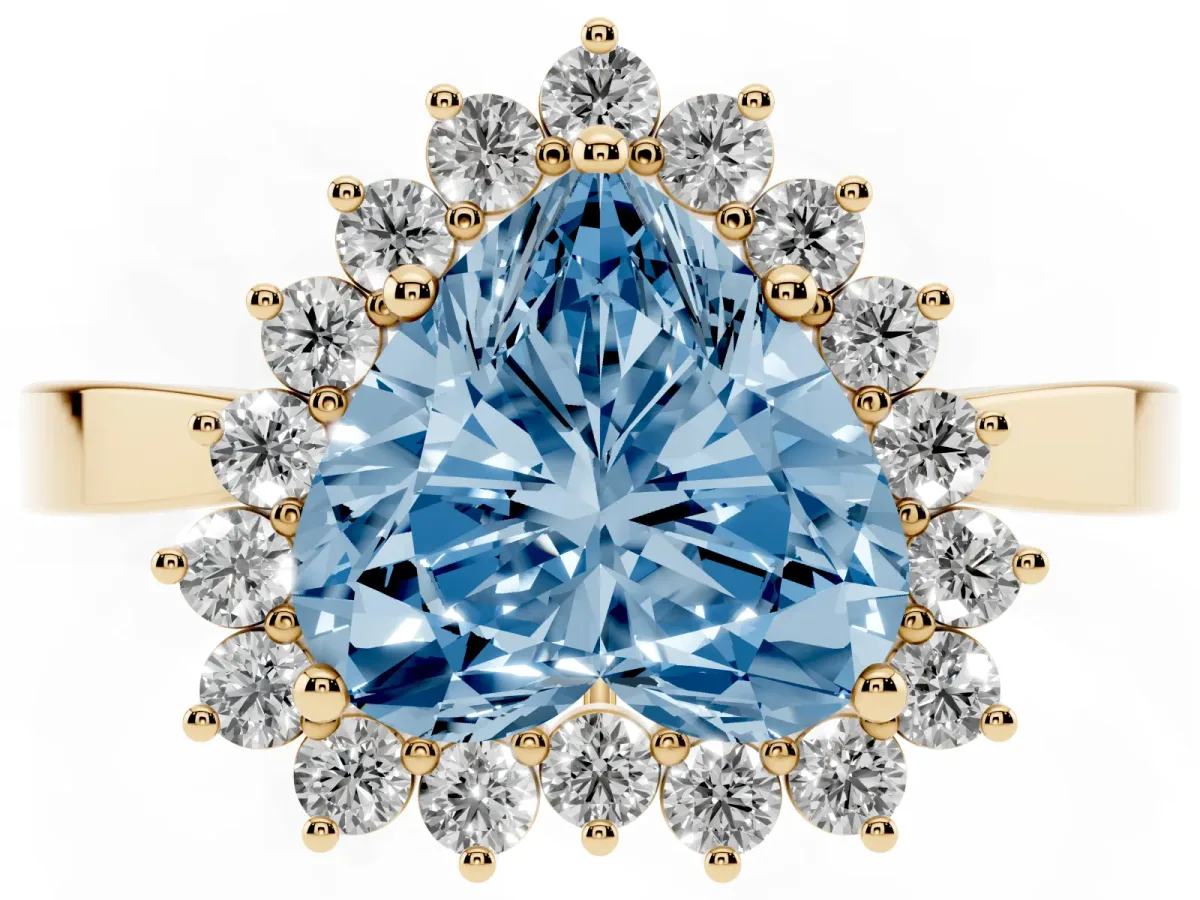 Fancy Blue Heart Cut Cut Diamond Halo Ring with Round Brilliant Halo and Solitaire Band Yellow gold