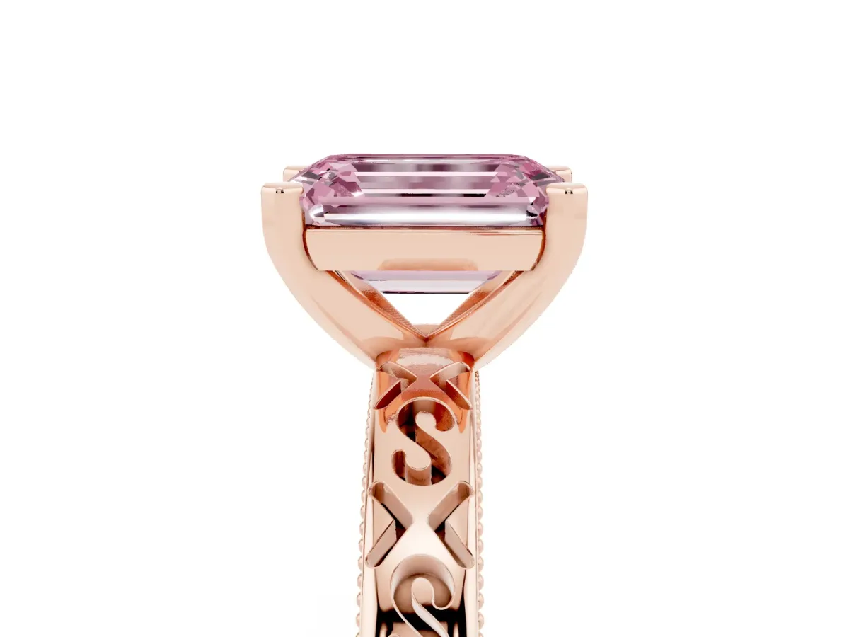 Fancy Pink Emerald Cut Solitaire Engagement Ring with Scrollwork Band and Four-Prong Setting Rose gold
