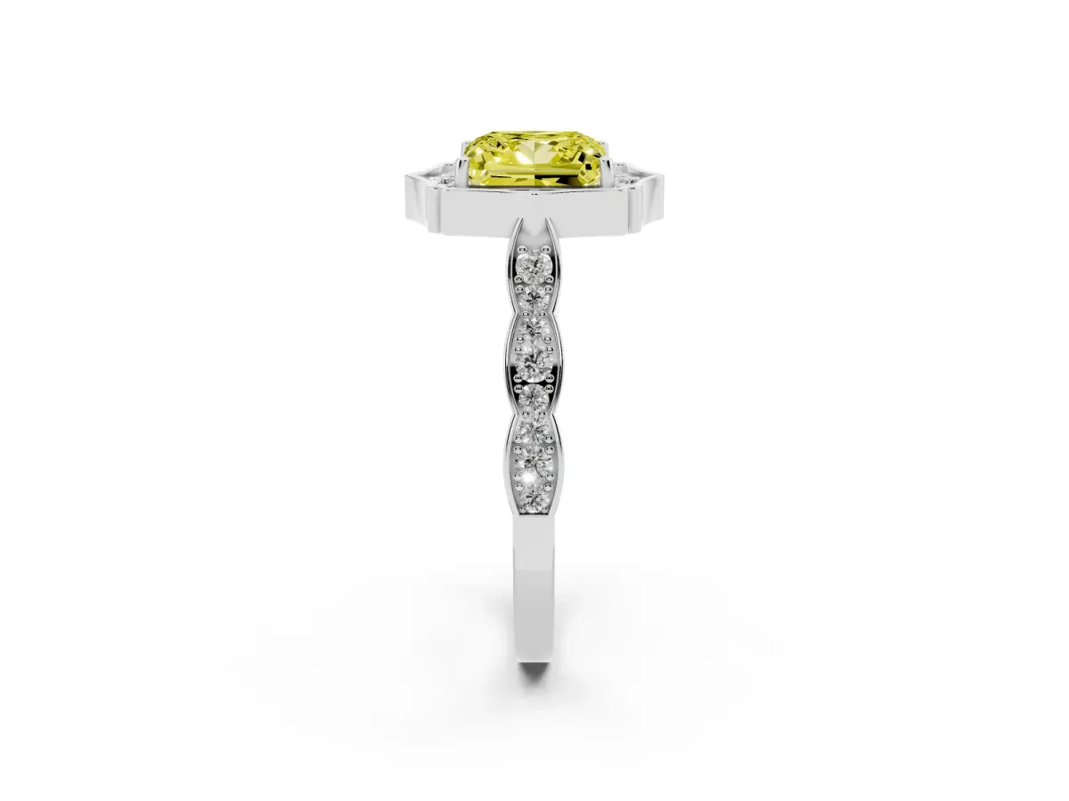Fancy Yellow Princess Cut Halo Diamond Engagement Ring with Milgrain Band and Four-Prong Setting Platinum