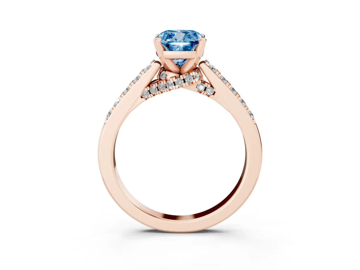 Fancy Blue Cushion Cut Diamond Solitaire Ring with Crossover Gallery and Round Pavé Band Rose gold